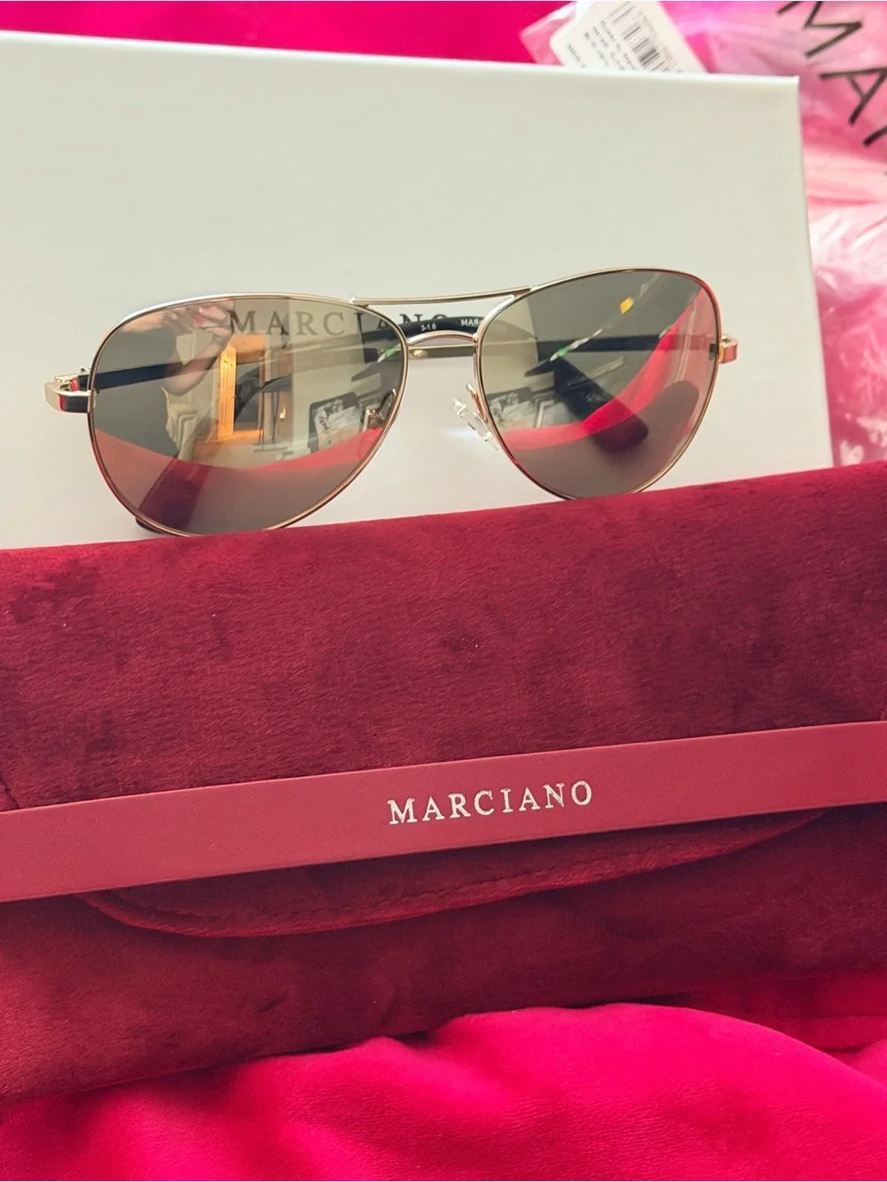 Marciano Gold Aviator Sunglasses with Burgundy Velvet Case and box